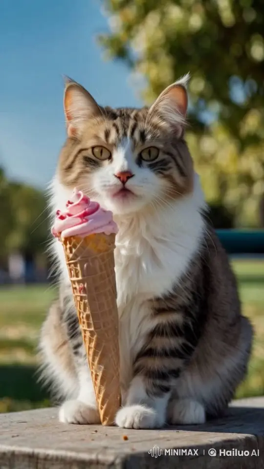 Cat Enjoying Ice Cream in Park on Sunny Day – AI Generated Video | Hailuo AI