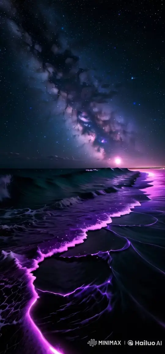 Magical Night Beach with Bioluminescent Waves and Starry Sky – AI Generated Video | Hailuo AI