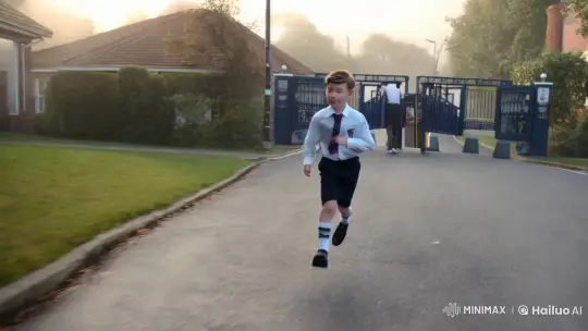 Boy Chases After School, Encounters Girl in Suburban Serenity – AI Generated Video | Hailuo AI