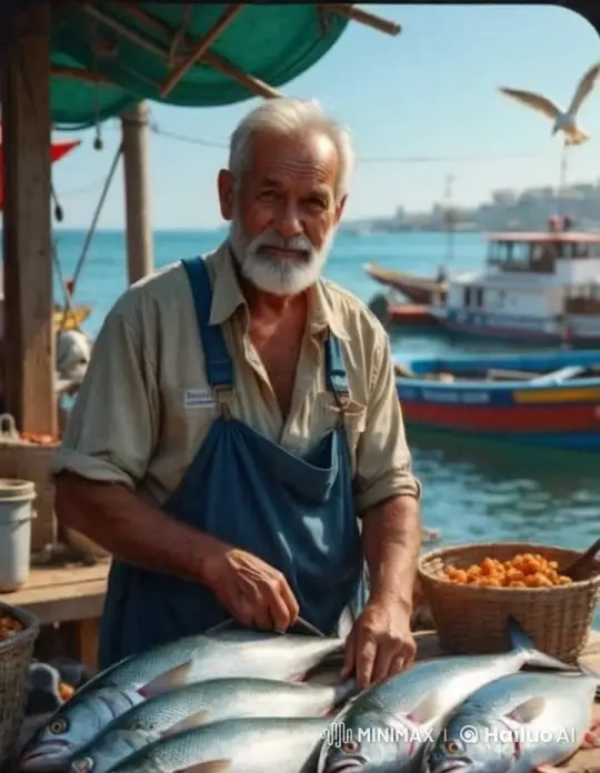 Elderly Fisherman Showcases Fresh Catch at Coastal Market – AI Generated Video | Hailuo AI