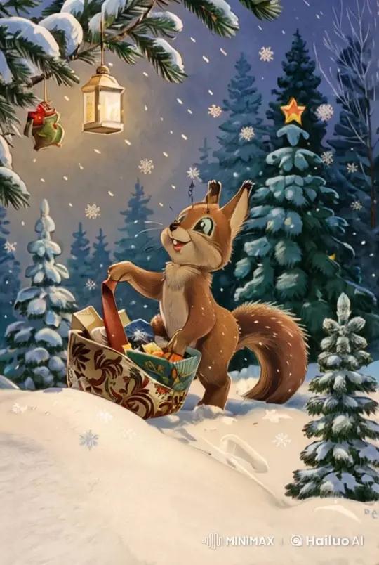 Magical Winter Forest: Squirrel with Gift Amidst Snowfall – AI Generated Video | Hailuo AI