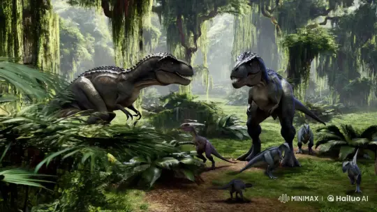 Prehistoric Predators Clash in Lush Forest Cinematic Scene – AI Generated Video | Hailuo AI