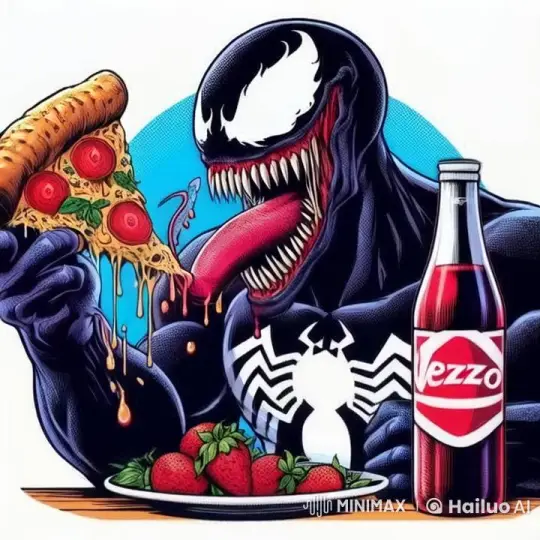 Venom-Like Character Discusses Economics Over Pizza – AI Generated Video | Hailuo AI