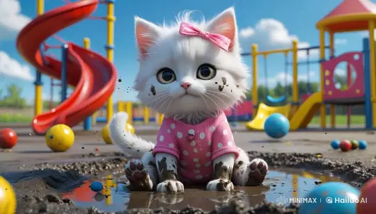 White Kitten Splashes in Muddy Playground Puddle – AI Generated Video | Hailuo AI