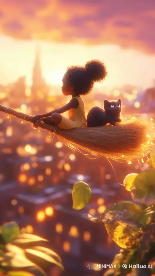 Magical Sunset Flight of Girl and Cat in Live2D – AI Generated Video | Hailuo AI