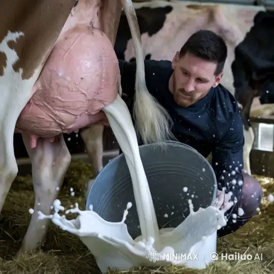 Lionel Messi Milks Cow in Humorous Rustic Barn Scene – AI Generated Video | Hailuo AI