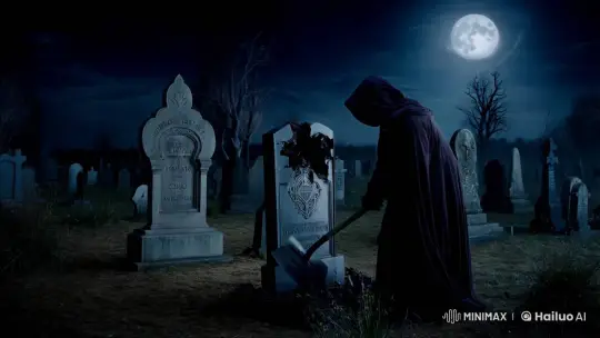 Gothic Necromancer Destroys Tombstone in Moonlit Cemetery – AI Generated Video | Hailuo AI