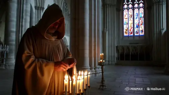 Monastic Figure Lights Candles in Grand Cathedral – AI Generated Video | Hailuo AI