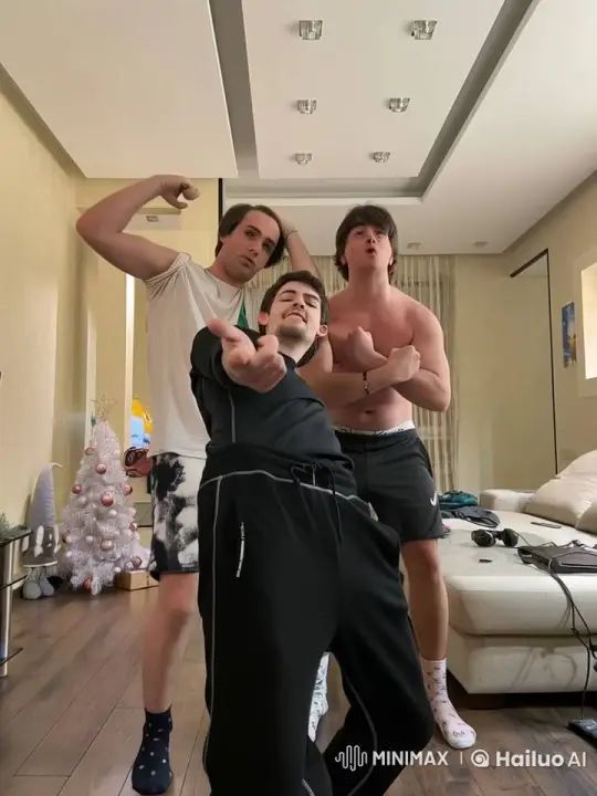 Three Men Celebrate Christmas with Energy and Laughter – AI Generated Video | Hailuo AI