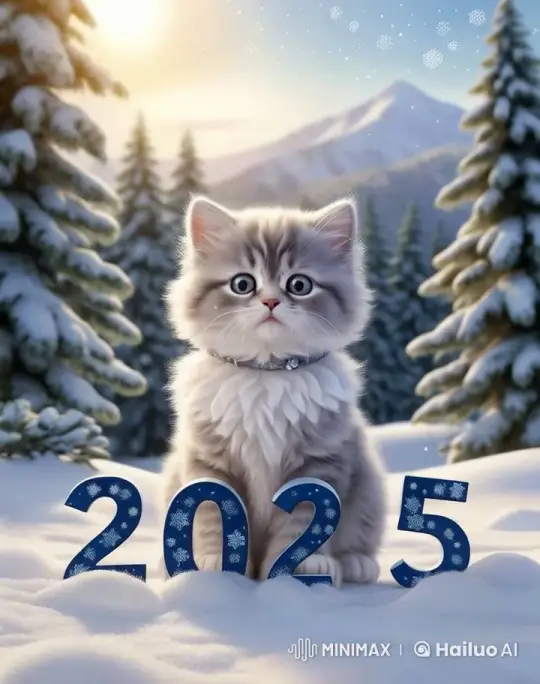Adorable Kitten in Snowy Landscape with "2025" – AI Generated Video | Hailuo AI