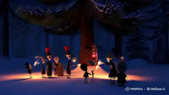 Tim Burton-Inspired Animated Snowy Forest Fireworks Celebration – AI Generated Video | Hailuo AI
