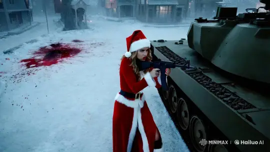 Santa-Clad Woman Fights Amidst Snowy War Chaos – AI Generated Video | Hailuo AI