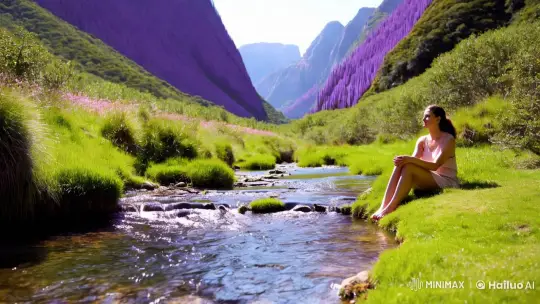 Tranquil Valley: Woman by Stream Amidst Purple Mountains – AI Generated Video | Hailuo AI