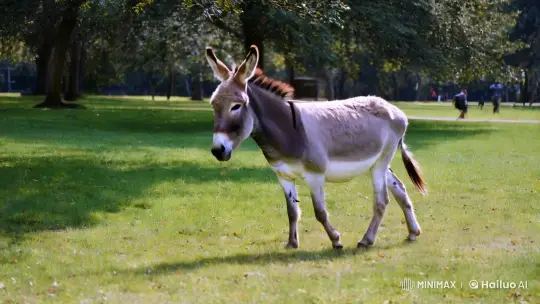 Donkey Strolls Through Tranquil Park in Serene Slow Motion – AI Generated Video | Hailuo AI
