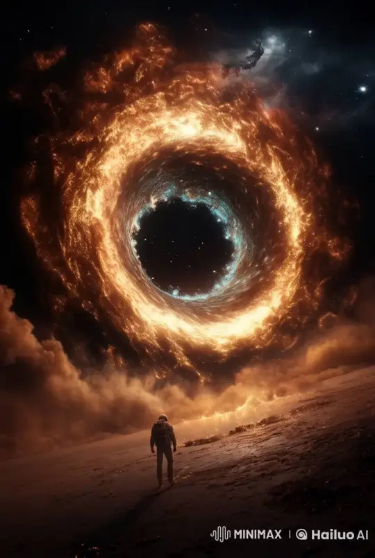 Astronaut Witnesses Fiery Cosmic Vortex in Desolate Landscape – AI Generated Video | Hailuo AI