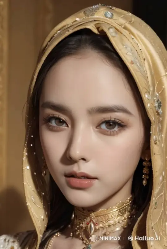 Woman in Golden Headscarf with Striking Eyes and Elegant Jewelry – AI Generated Video | Hailuo AI