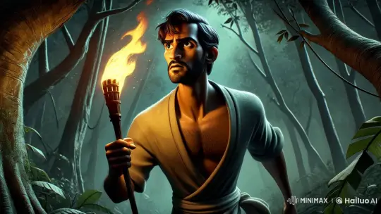 Mysterious Forest Journey: A Man with a Torch – AI Generated Video | Hailuo AI