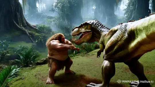 Ogre Battles Tyrannosaurus Rex in Primeval Jungle – AI Generated Video | Hailuo AI