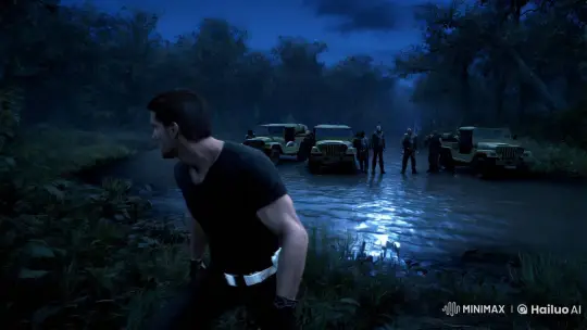 Nathan Drake's Stealthy Approach in a Lush Forest at Twilight – AI Generated Video | Hailuo AI