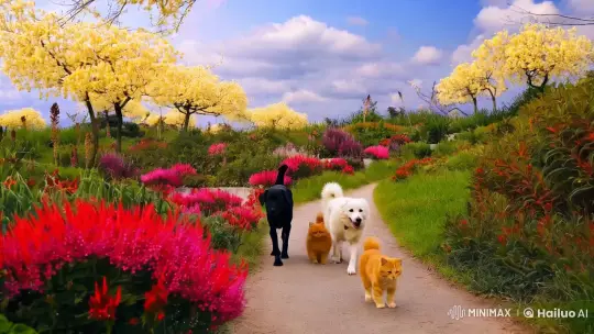 Colorful Path: Animals Amidst Lush Flora and Gentle Light – AI Generated Video | Hailuo AI