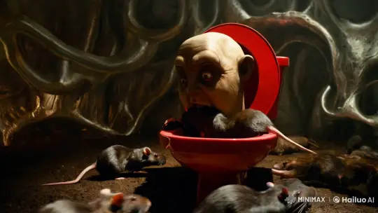 Surreal Scene: Anthropomorphic Toilet Eats Animated Rats – AI Generated Video | Hailuo AI