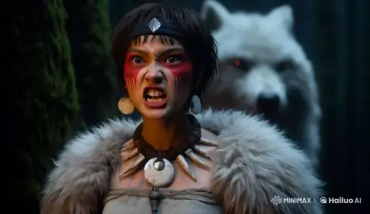 Fierce Woman with War Paint Shouts in Mysterious Forest – AI Generated Video | Hailuo AI