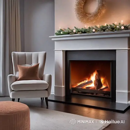 Model in Business Suit Sits Gracefully by Fireplace – AI Generated Video | Hailuo AI