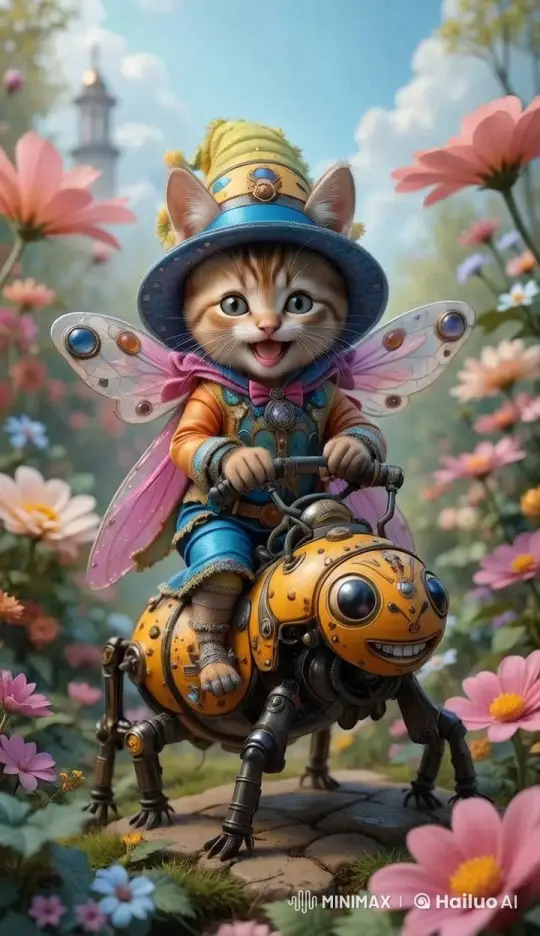 Fairy Cat Rides Mechanical Insect in Enchanted Garden – AI Generated Video | Hailuo AI
