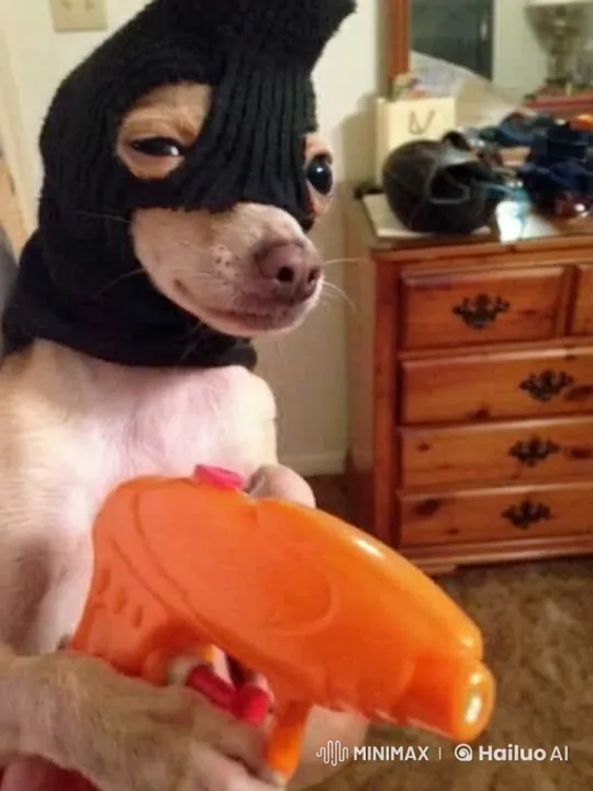 Dog Mimics Shooting with Toy Gun in Playful Video – AI Generated Video | Hailuo AI