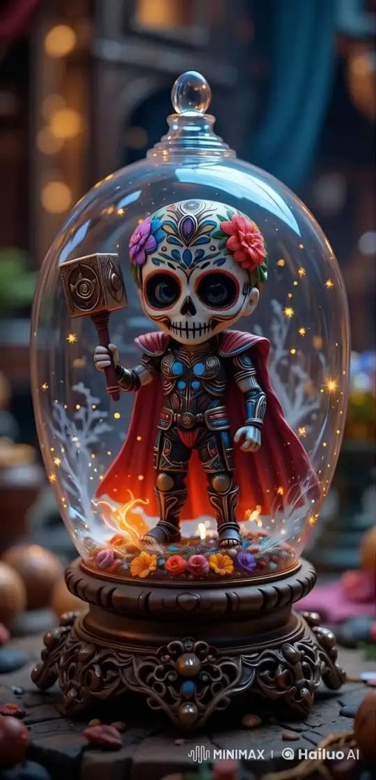 Magical Animated Figurine in Festive Skeletal Costume – AI Generated Video | Hailuo AI