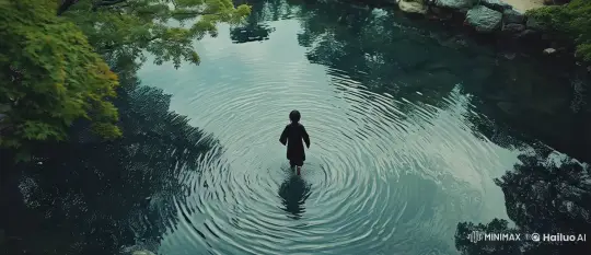Person Runs Across Reflective Pond in Live2D Animation – AI Generated Video | Hailuo AI
