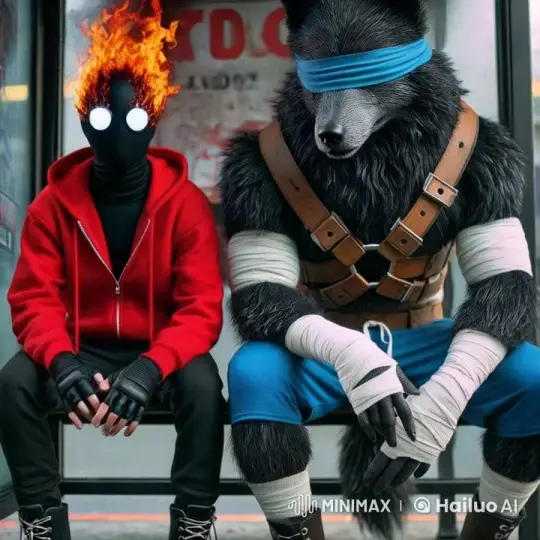 Flame-Headed Figure and Blindfolded Wolf at Bus Stop – AI Generated Video | Hailuo AI