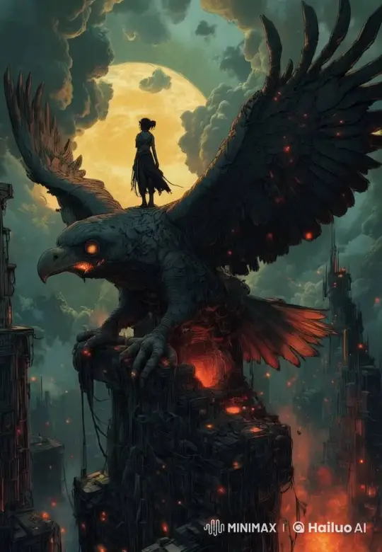 Dystopian Flight: Giant Eagle Soars Above Fiery Ruins – AI Generated Video | Hailuo AI