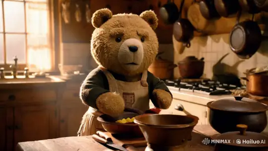 Teddy Bear Cooks in Cozy, Timeless Kitchen – AI Generated Video | Hailuo AI