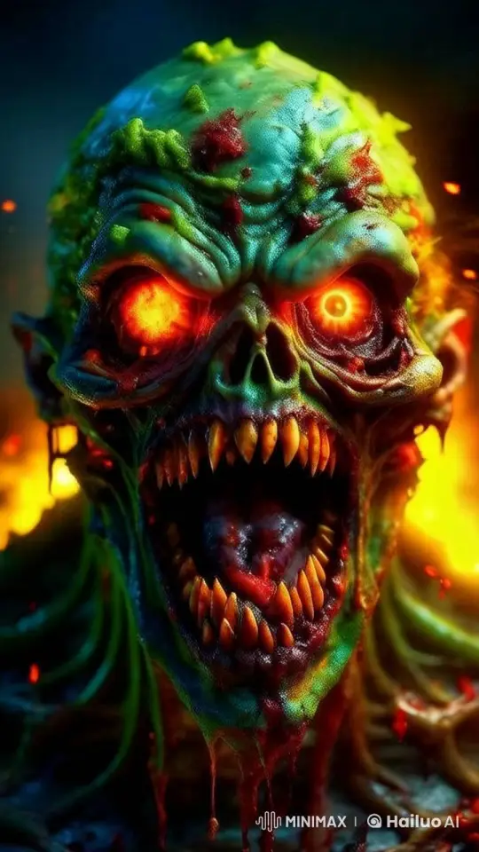 Horror Live2D: Creepy Zombie Glare Amidst Fiery Flames – AI Generated Video | Hailuo AI