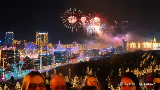 New Year 2025 Celebration: Cityscape, Fireworks, and Champagne Toast – AI Generated Video | Hailuo AI