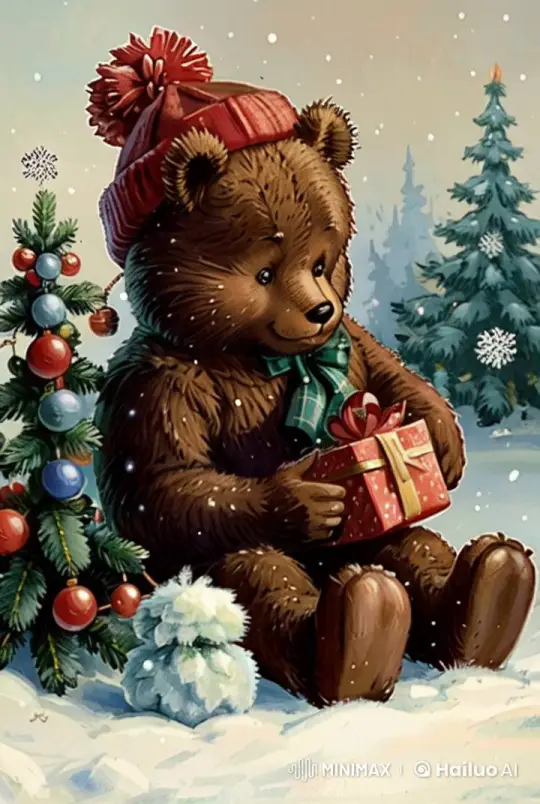 Teddy Bear Prepares Gift by Christmas Tree in Animated Snow Scene – AI Generated Video | Hailuo AI