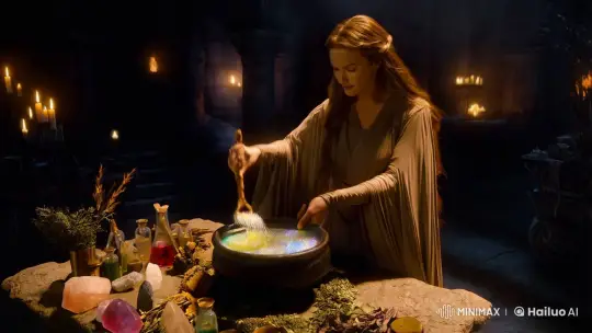 Mystical Sorceress Crafting Potion in Ancient Chamber – AI Generated Video | Hailuo AI