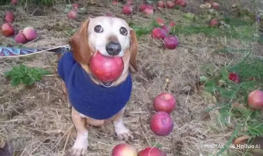 Dog Spins, Drops Apple for 'Social' Sign in Apple-Filled Field – AI Generated Video | Hailuo AI