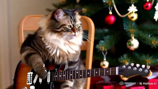 Fluffy Cat Strums Guitar in Festive Christmas Scene – AI Generated Video | Hailuo AI