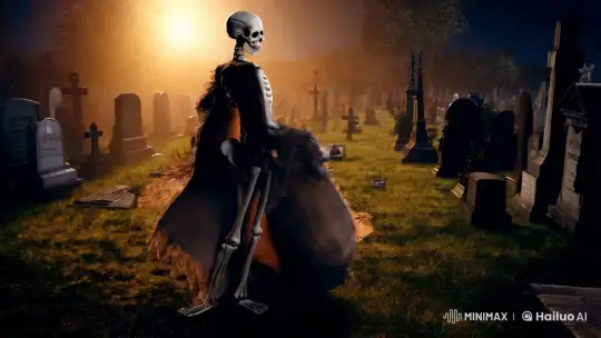 Ethereal Dance of a Skeleton in a Haunting Cemetery – AI Generated Video | Hailuo AI