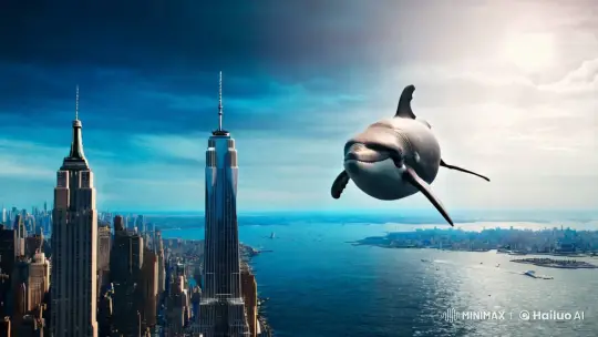 Whale Glides Through Inverted Sky in New York's Surreal Panorama – AI Generated Video | Hailuo AI