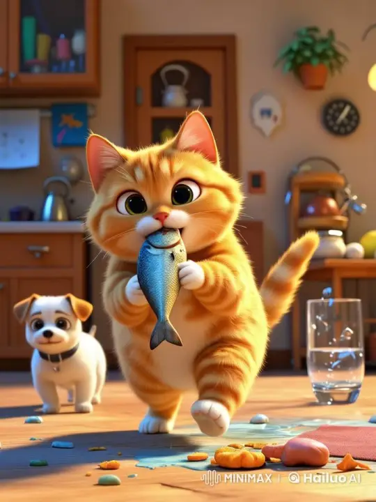 Orange Cat with Grilled Fish Chased by Dog in Cozy Living Room – AI Generated Video | Hailuo AI