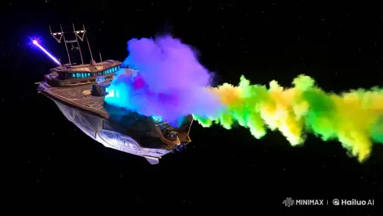 Mesmerizing Space Pirate Ship with Artistic Smoke Trails – AI Generated Video | Hailuo AI