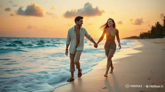 Romantic Stroll on a Tropical Beach at Dusk – AI Generated Video | Hailuo AI