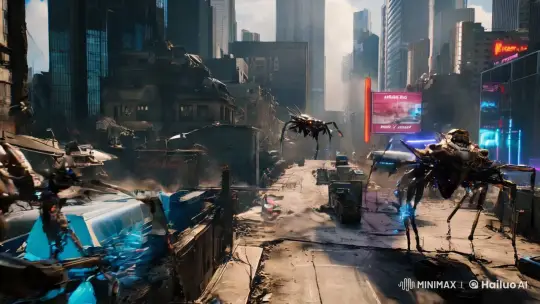 Dystopian Cityscape: Giant Cybernetic Insects Thrive – AI Generated Video | Hailuo AI