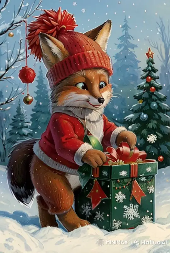 Christmas Magic: Santa Fox Admires Gift in Snowy Forest – AI Generated Video | Hailuo AI