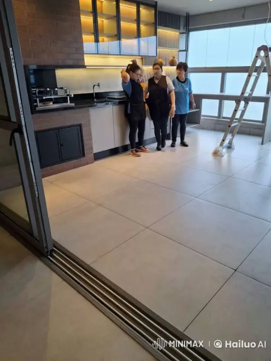 Three Individuals Chat in a Modern Kitchen – AI Generated Video | Hailuo AI