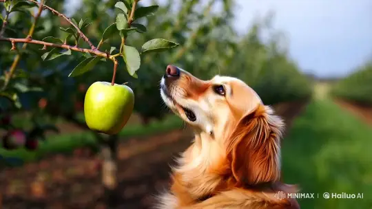 Golden Retriever Interacts with Apple in Serene Orchard – AI Generated Video | Hailuo AI