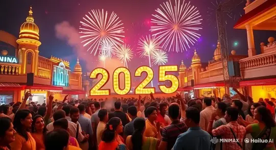 Vibrant New Year Celebration with Illuminated 2025 and Fireworks – AI Generated Video | Hailuo AI